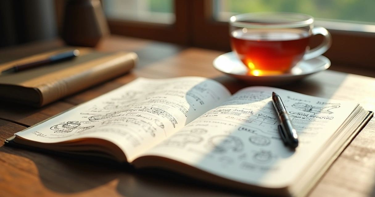 Notebook with handwritten notes and a pen on a cozy table 