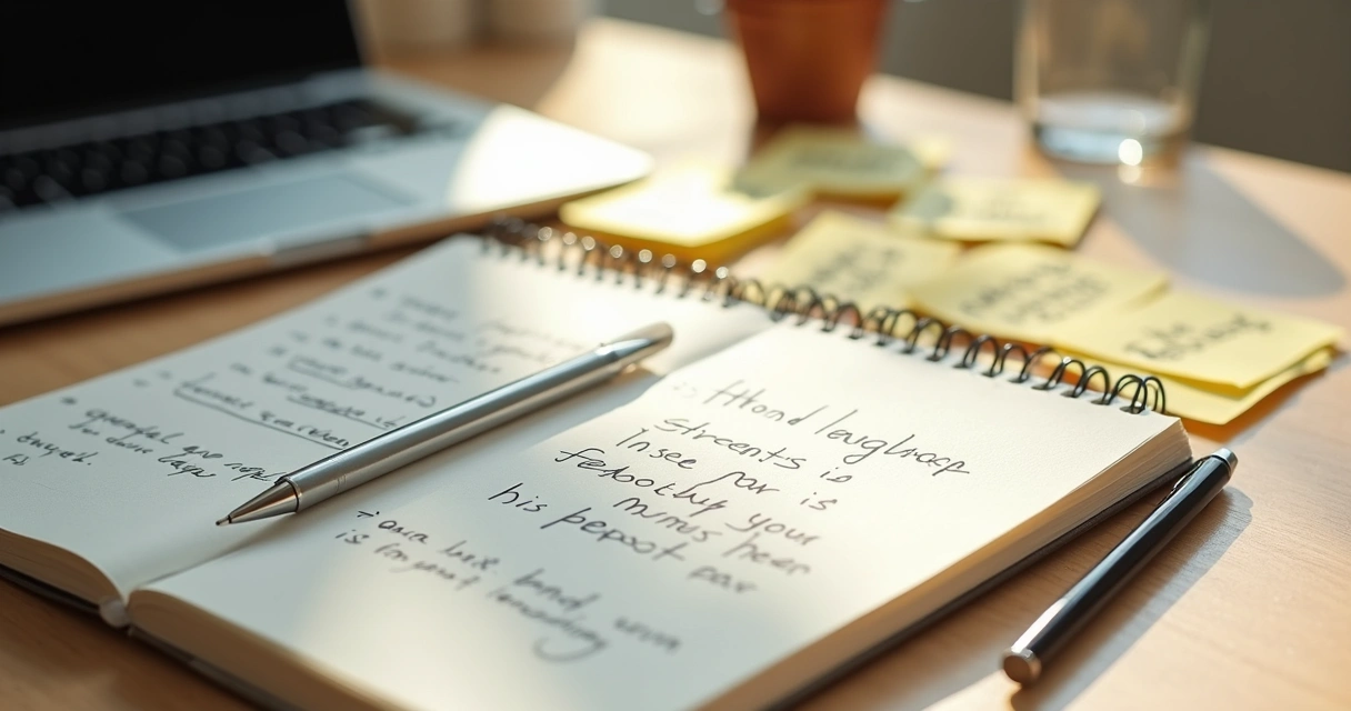 Notebook with leadership feedback points on a desk 
