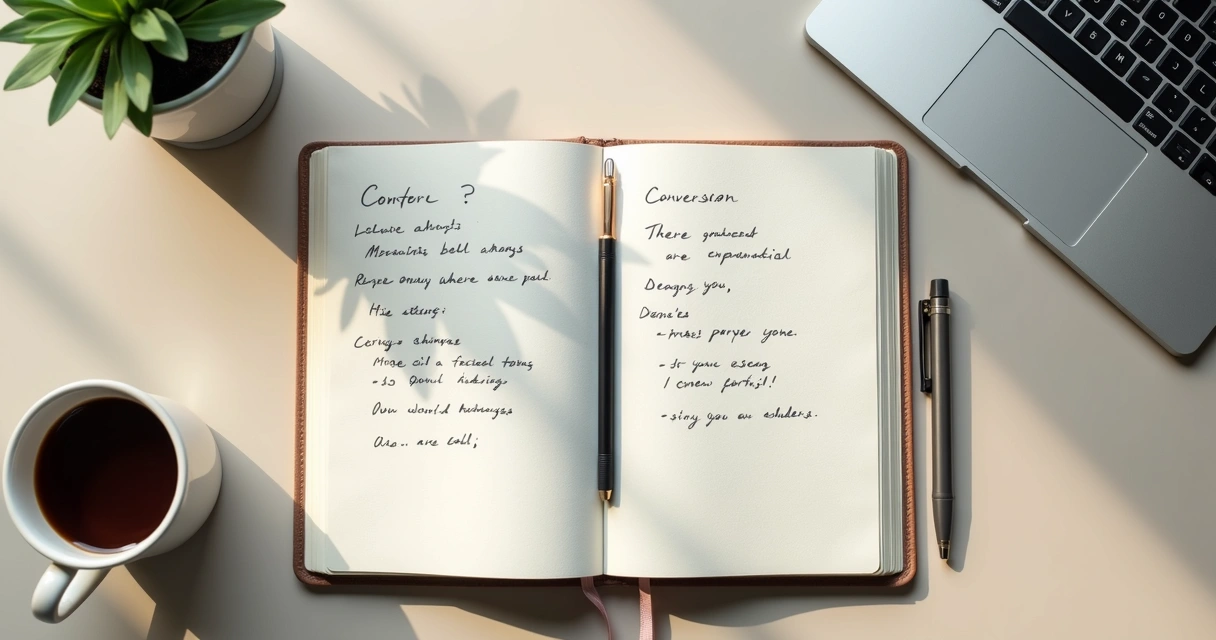 Notebook with conversation notes beside a coffee cup on desk