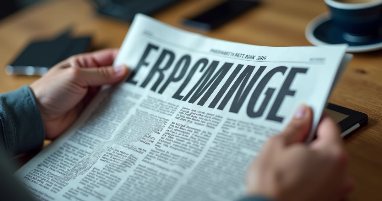 Jornal impresso com manchete sensacionalista e mãos segurando com expressão de desconfiança 