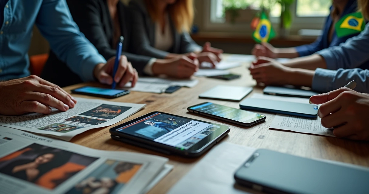 Jornais, telas de computador e celulares mostrando manchetes de última hora 