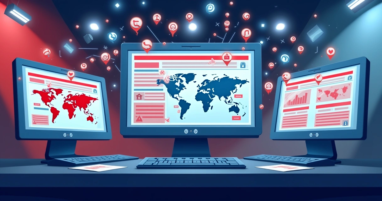 Monitores mostrando gráficos de propagação de fake news em redes sociais 