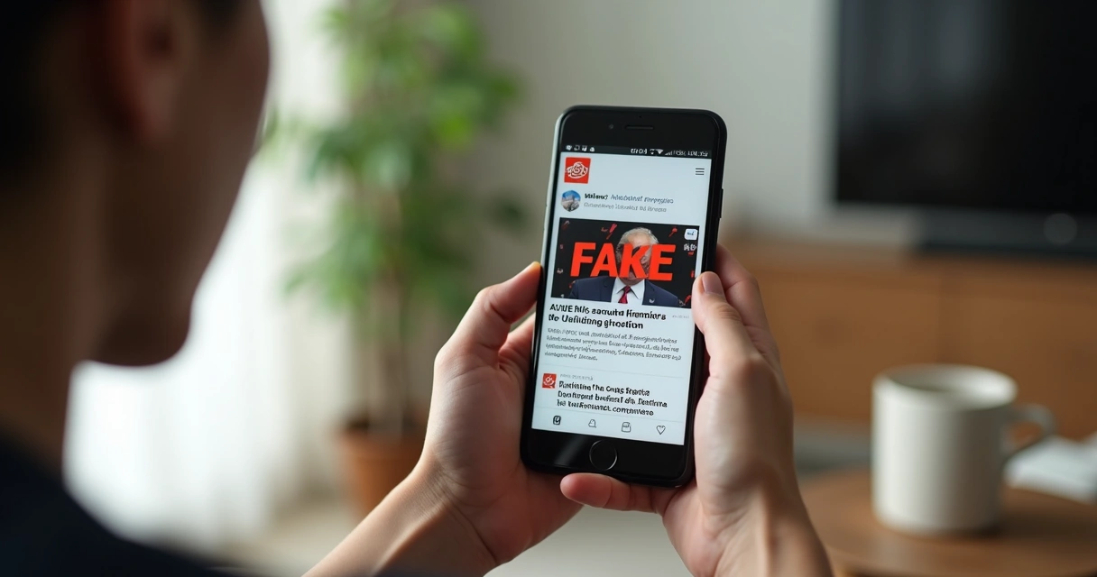 Celular nas mãos mostrando uma notícia falsa na tela