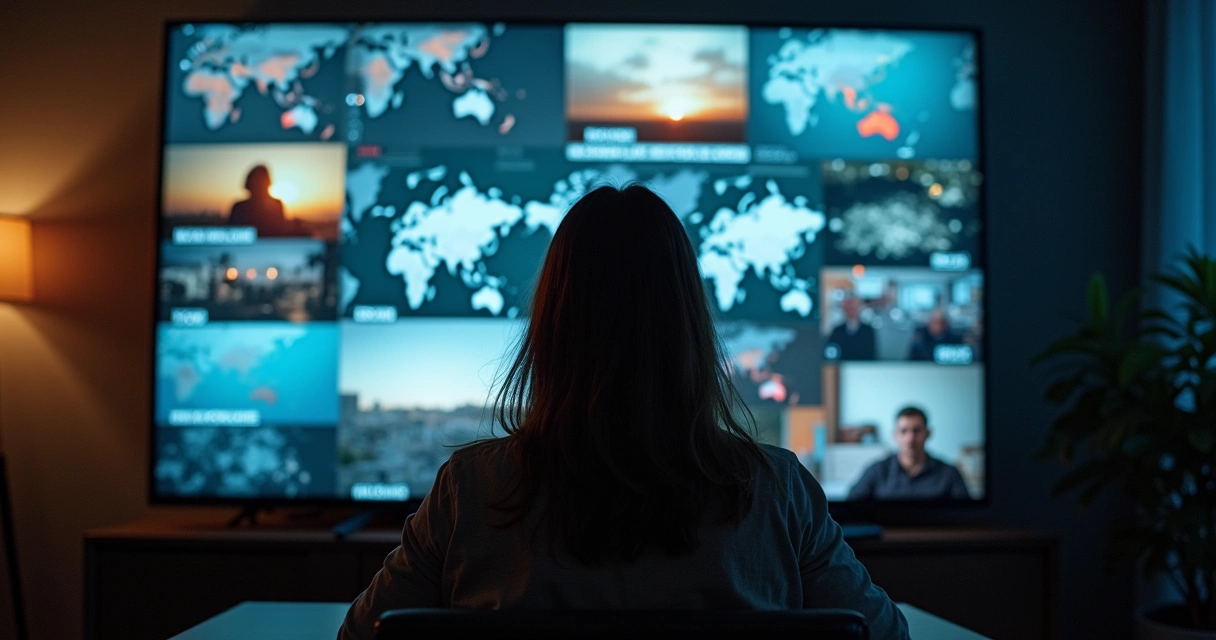 Mulher olhando para uma tela cheia de notícias mundiais com expressão preocupada. 