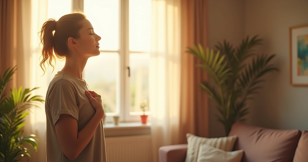 Woman pausing with a gentle expression, hand on chest, noticing her inner thoughts in a sunlit room