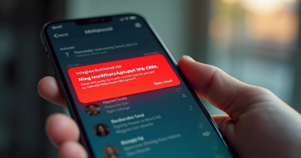 Tela de smartphone mostrando alerta de erro em integração WhatsApp com CRM