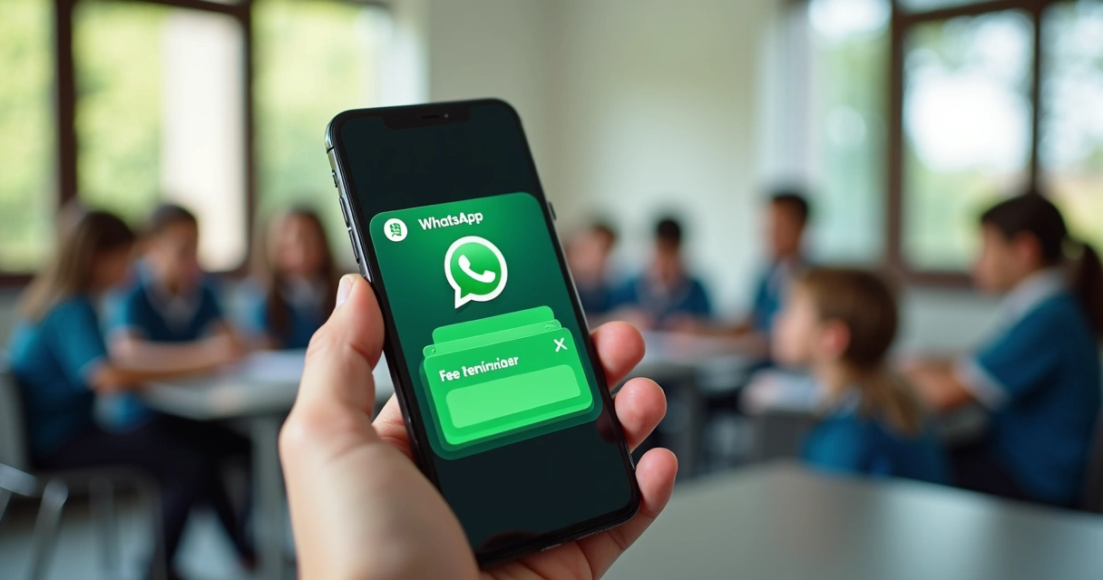 Tela de celular com notificação de cobrança de mensalidade escolar via WhatsApp 