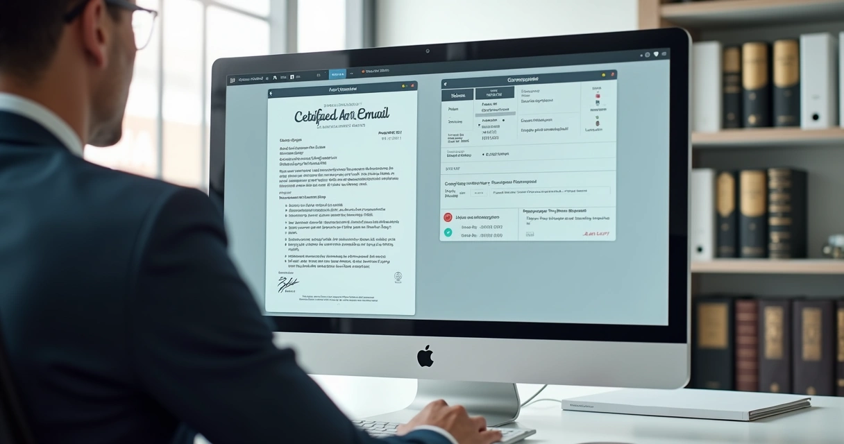 Advogado analisando tela de computador com AR físico e e-mail registrado lado a lado 