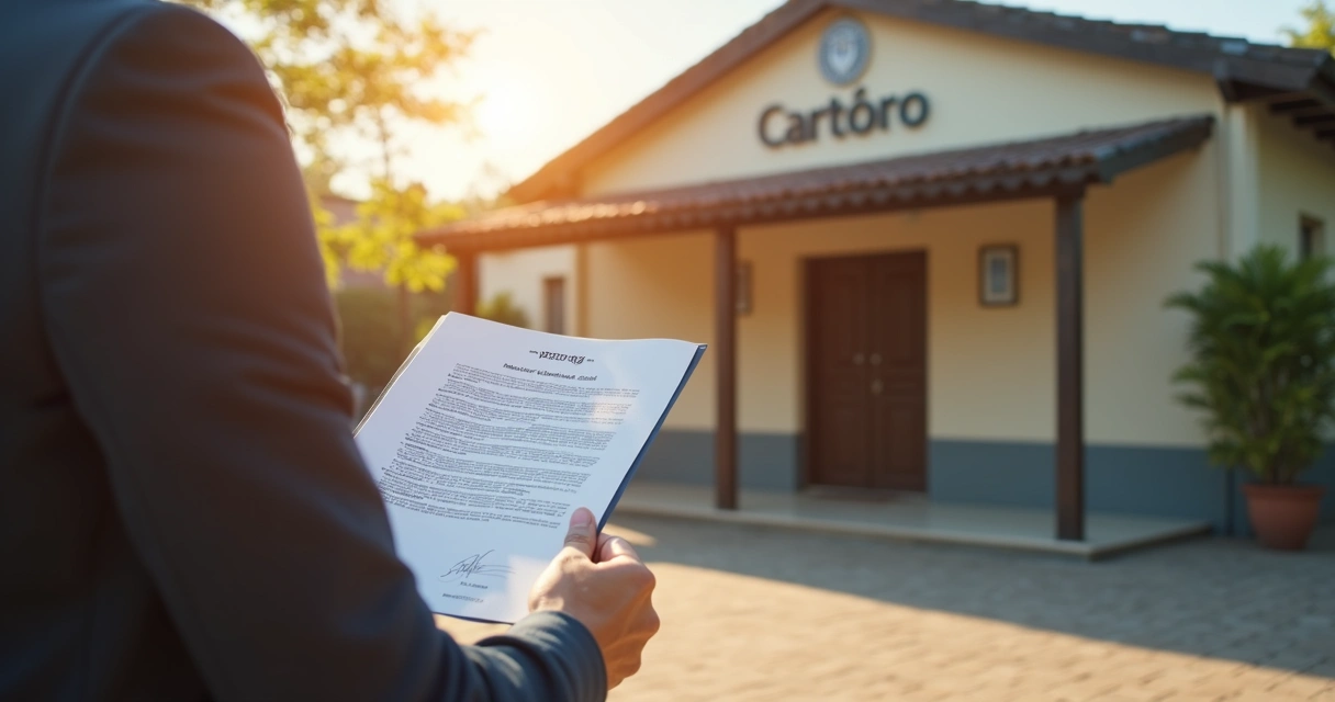 Pessoa segurando documento de notificação em frente a cartório 