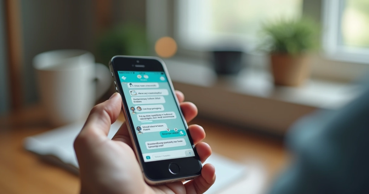 Pessoa olhando para a tela do celular com notificação de chatbot 