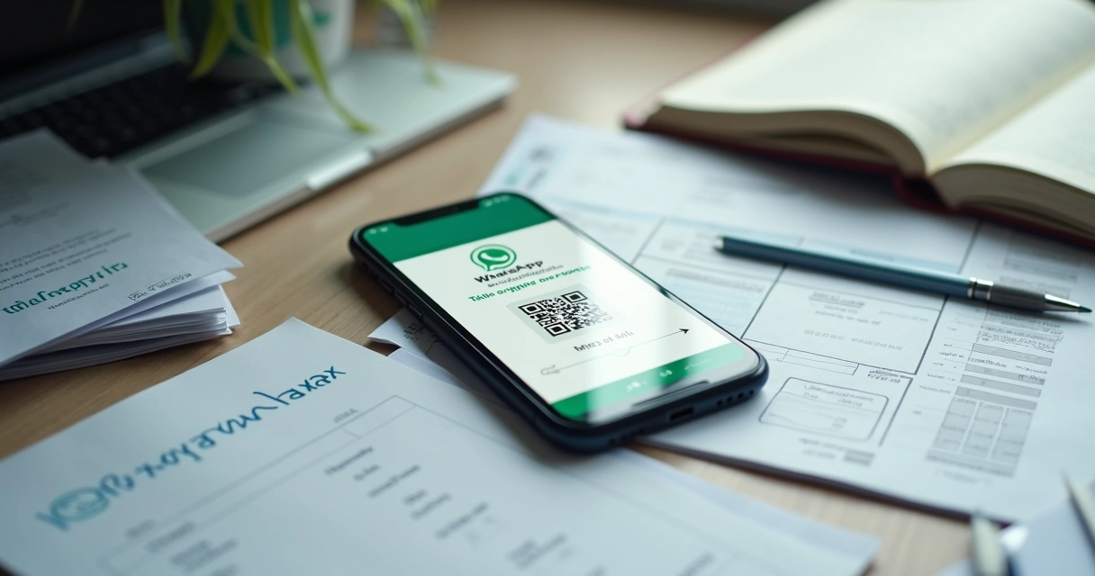 Mensagem de cobrança automática pelo WhatsApp em smartphone sobre mesa de escritório 