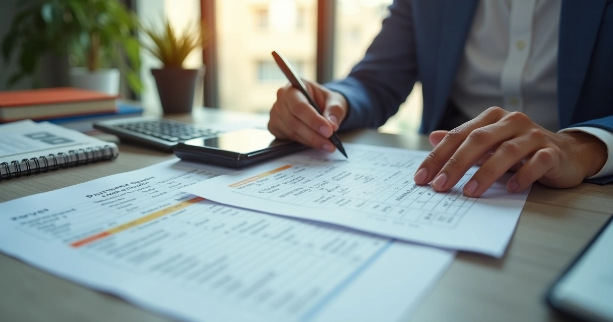 Síndico analisando notificação de cobrança em mesa de escritório 