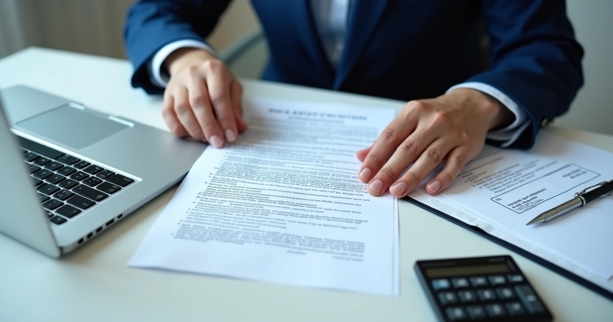 Profissional jurídico revisando contrato bancário e notificação
