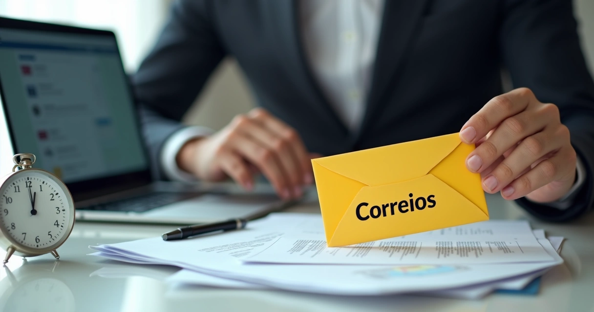 Pessoa analisando documentos formais com envelope dos Correios sobre a mesa 