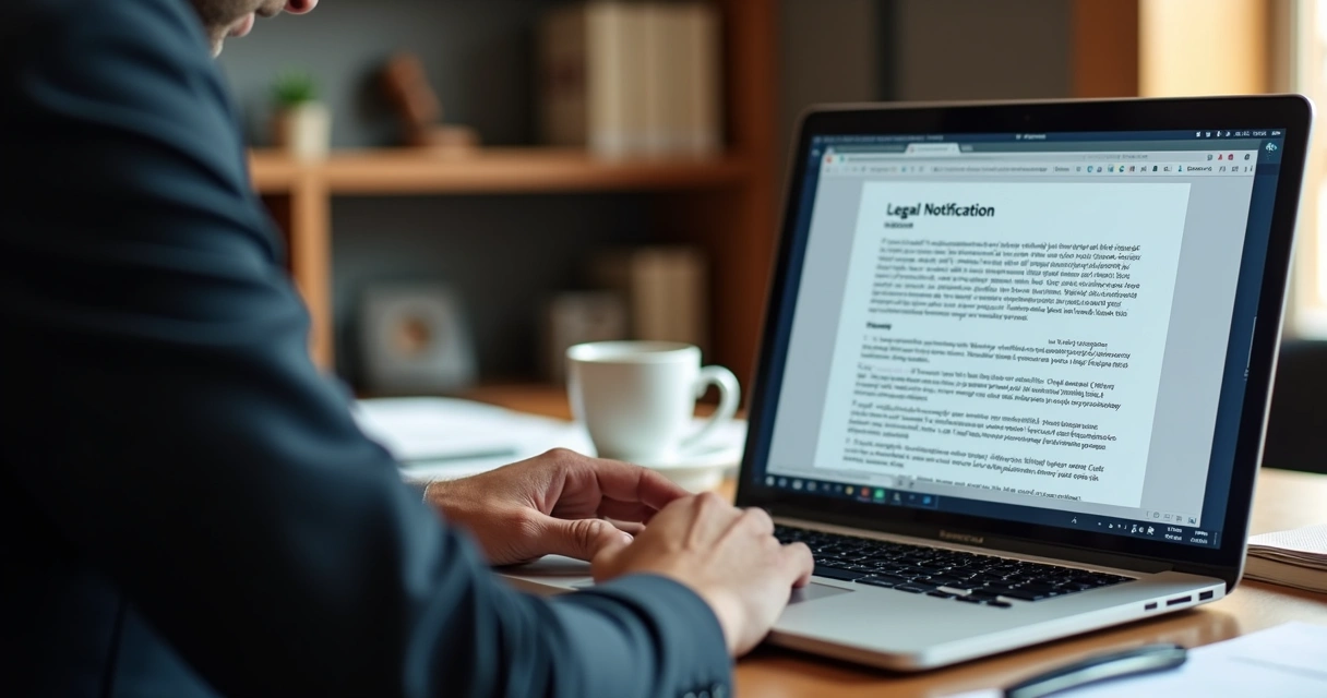 Advogado usando notebook para enviar notificação digital do escritório 