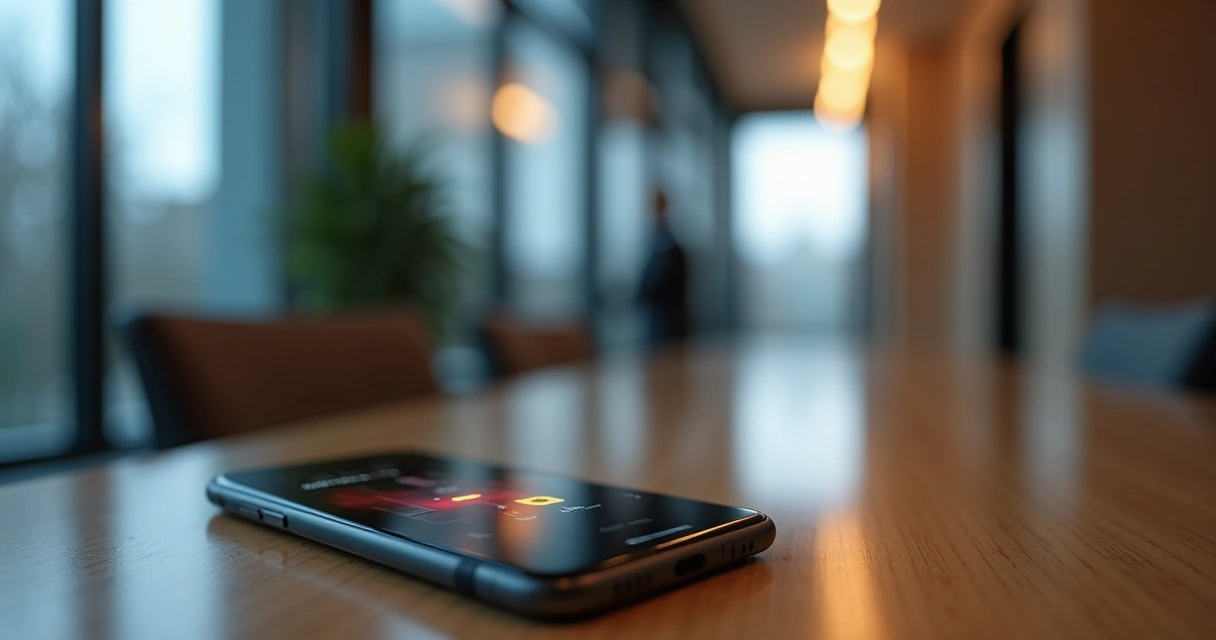 Celular com tela de notificações emergenciais em ambiente condominial 