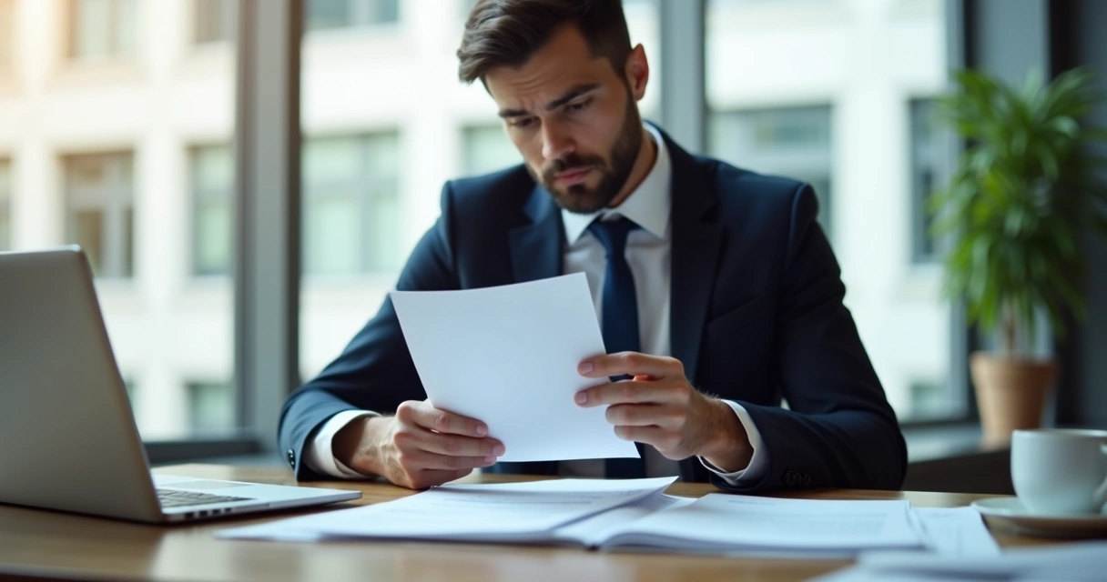 Pessoa lendo notificação empresarial sentado à mesa
