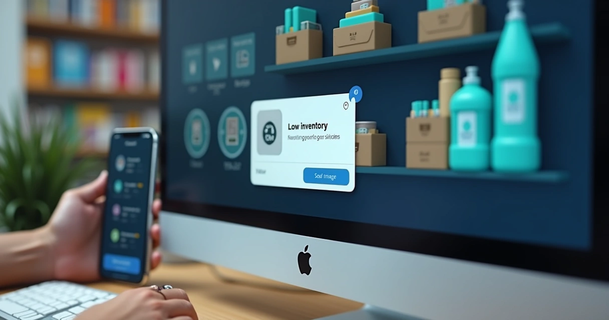 Tela de computador com notificação de estoque baixo