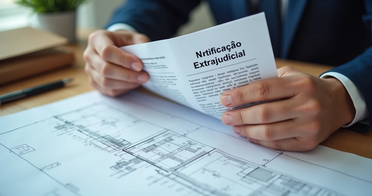 Mão segurando laudo técnico impresso e envelope de notificação 