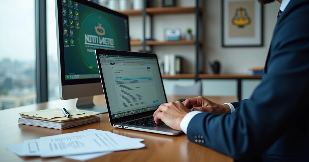 Advogado enviando notificação extrajudicial online em escritório moderno 