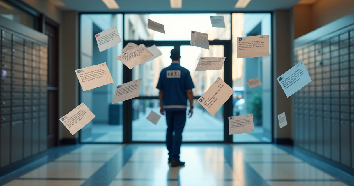 Carteiro em prédio confuso rodeado de notificações extrajudiciais flutuando 