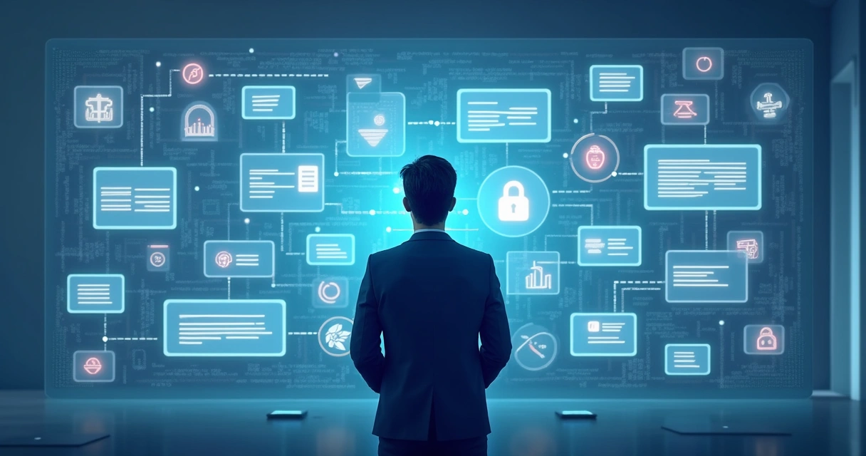 Pessoa analisando um painel digital com registros criptografados 
