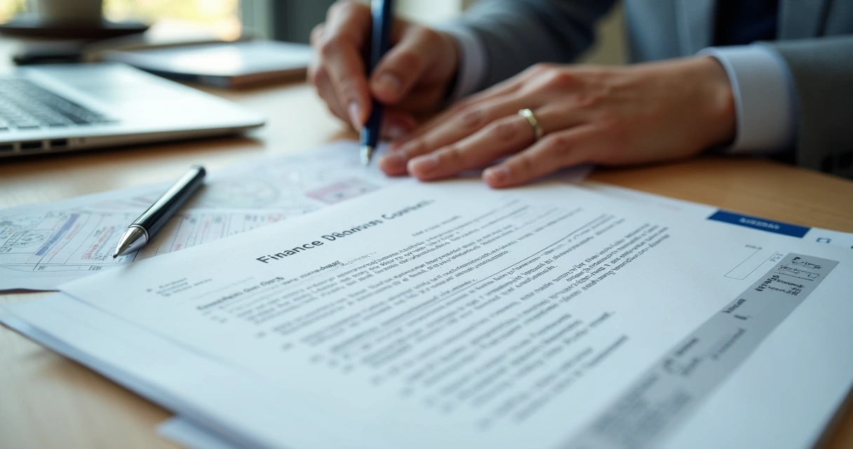 Pessoa analisando notificação de financiamento ao lado de documentos do veículo