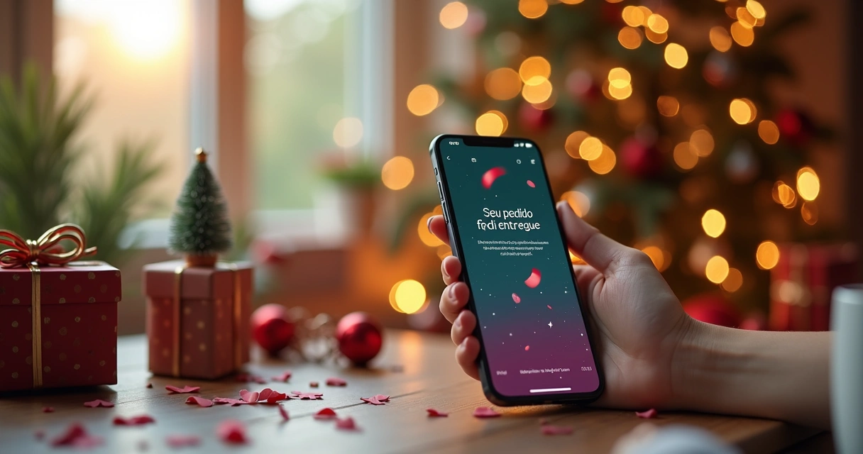 Mensagem automática de entrega em smartphone com ambiente natalino ao fundo 