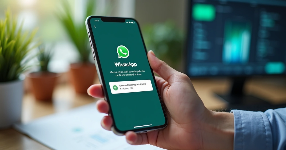 Pessoa digitando no smartphone com interface de notificação IA no WhatsApp 