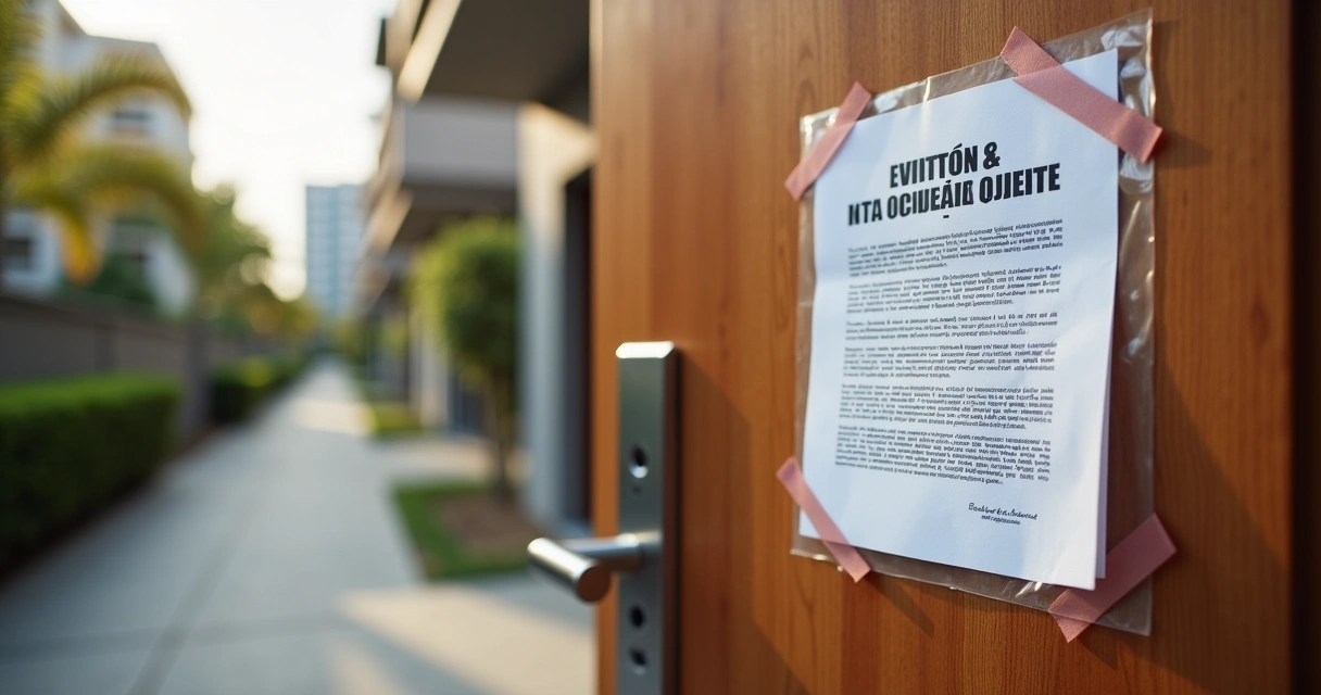 Documento de notificação judicial de despejo entregue na porta de um imóvel residencial 