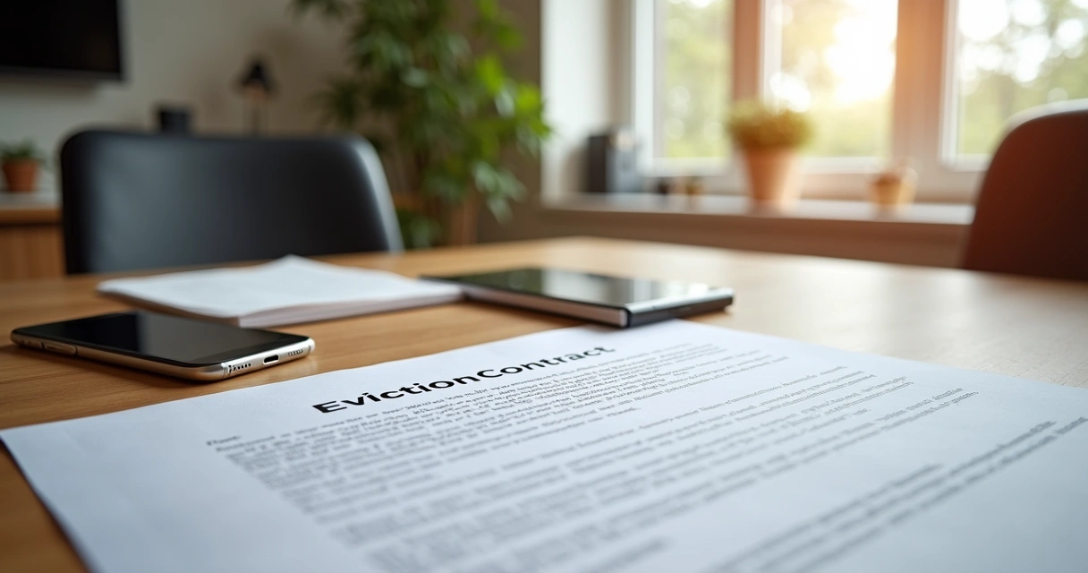 Documento de notificação extrajudicial para ação de despejo sobre uma mesa com contrato e celular ao lado 