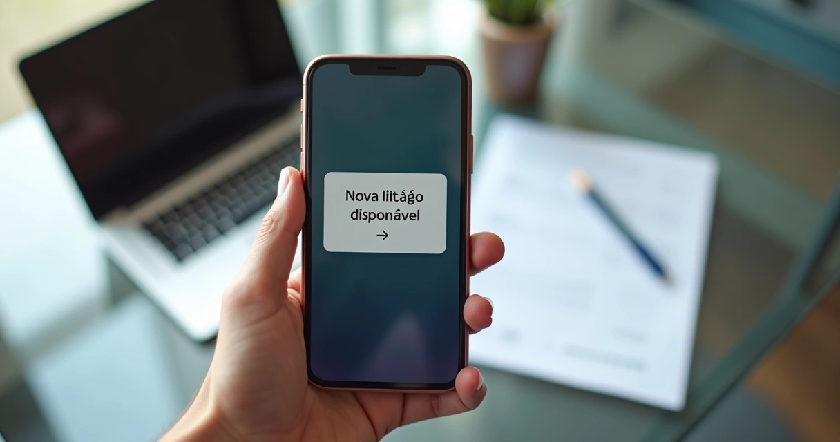 Pessoa segurando celular vendo notificação de licitação