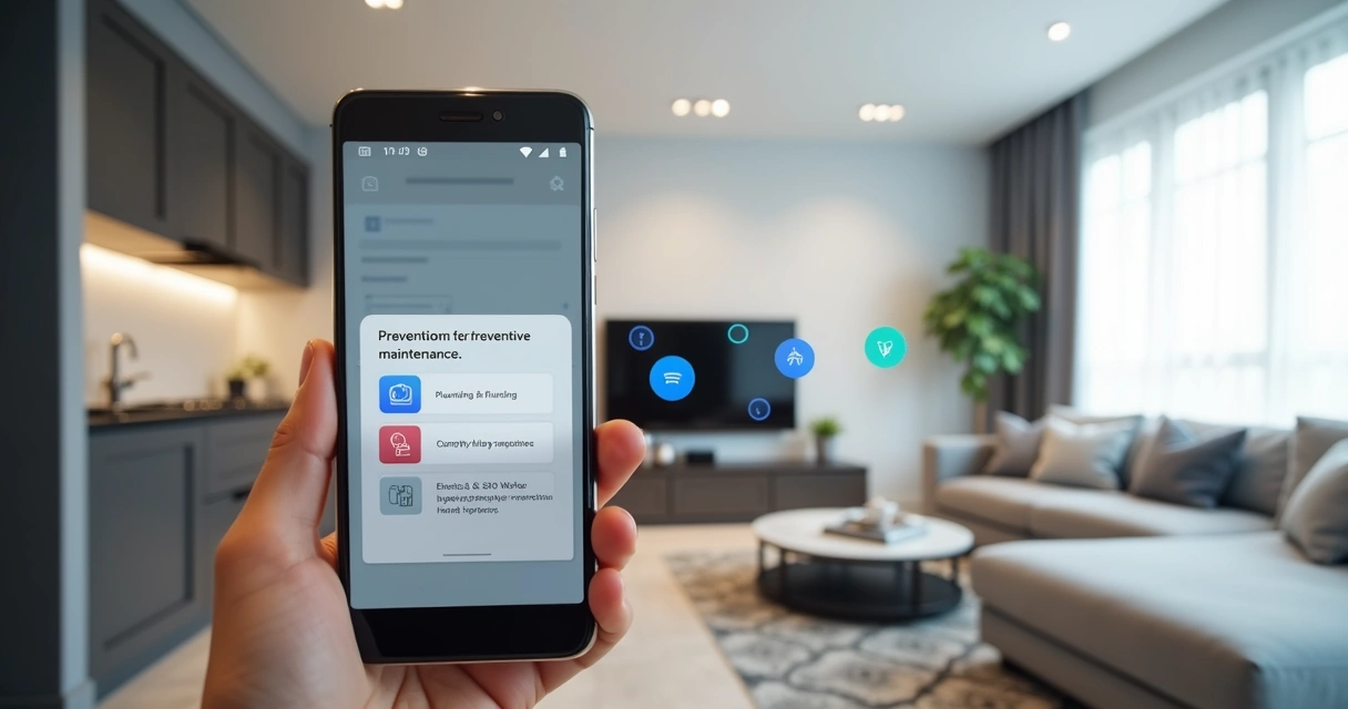 Notificação digital de manutenção em apartamento moderno 