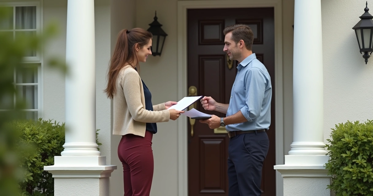 Pessoa entregando notificação formal para ocupante de imóvel em ambiente residencial 
