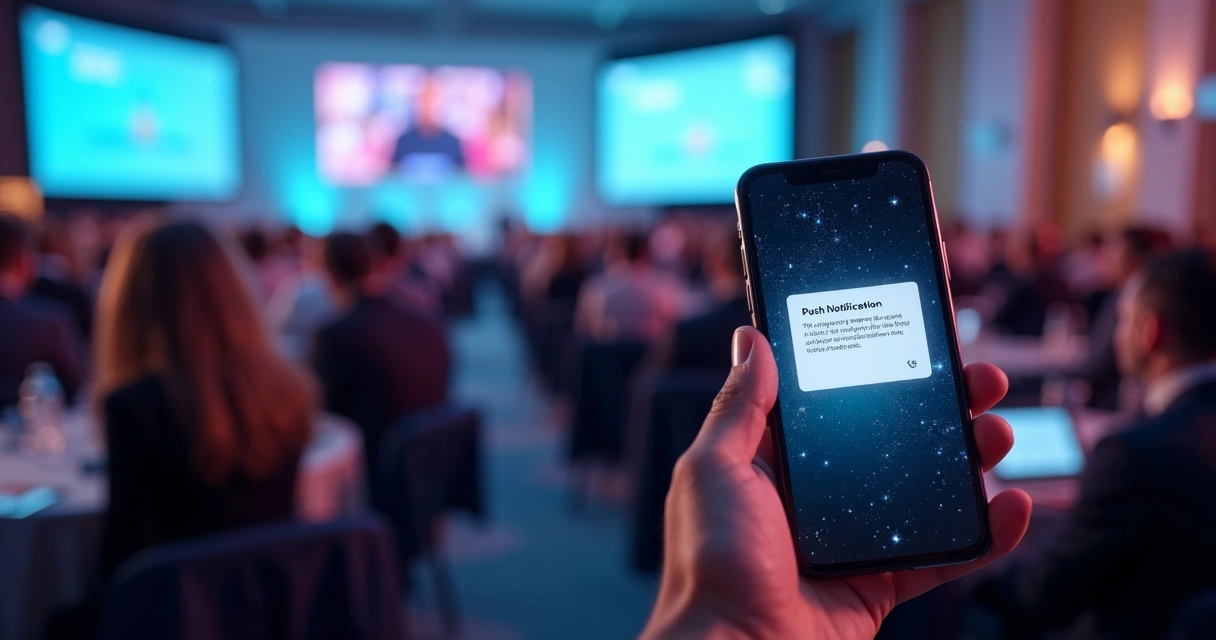 Smartphone exibindo notificação push em ambiente de evento digital com público ao fundo 