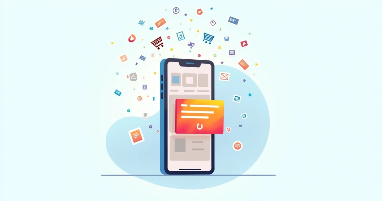 Notificação push sobre promoção em um smartphone, cercada por ícones de engajamento digital.