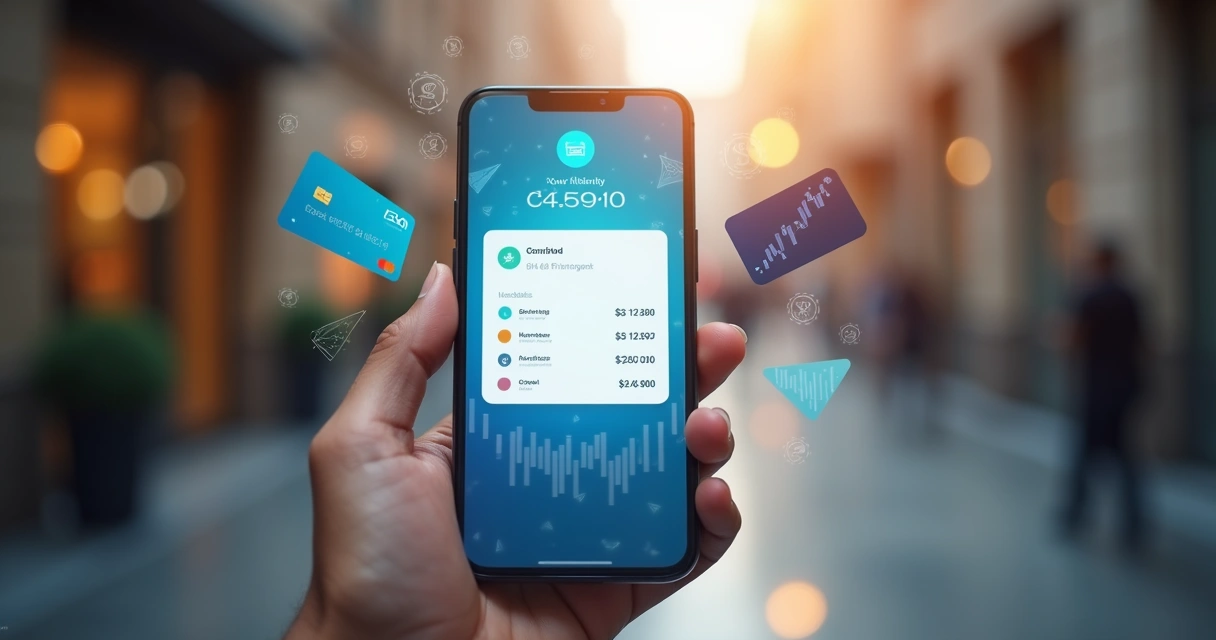 Celular exibindo notificação de transação em tempo real com ícones financeiros ao redor 