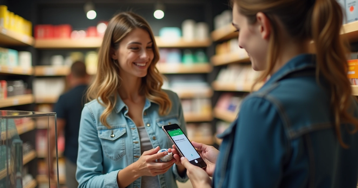 Loja de varejo com cliente recebendo notificação de WhatsApp no celular