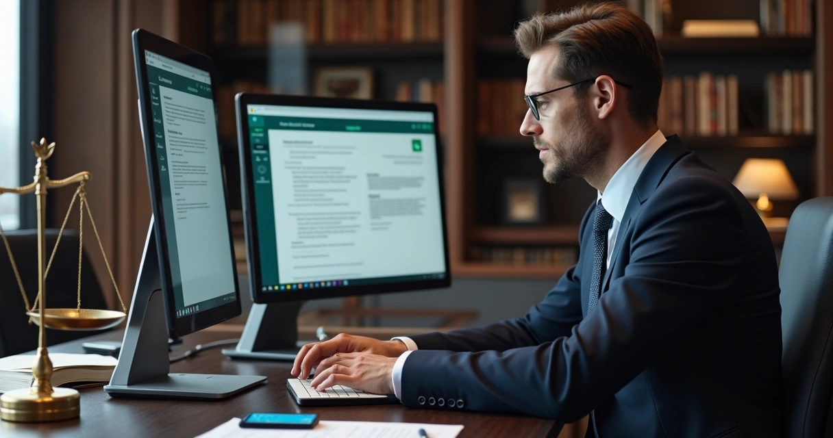 Advogado utiliza computador para enviar notificação jurídica digital 