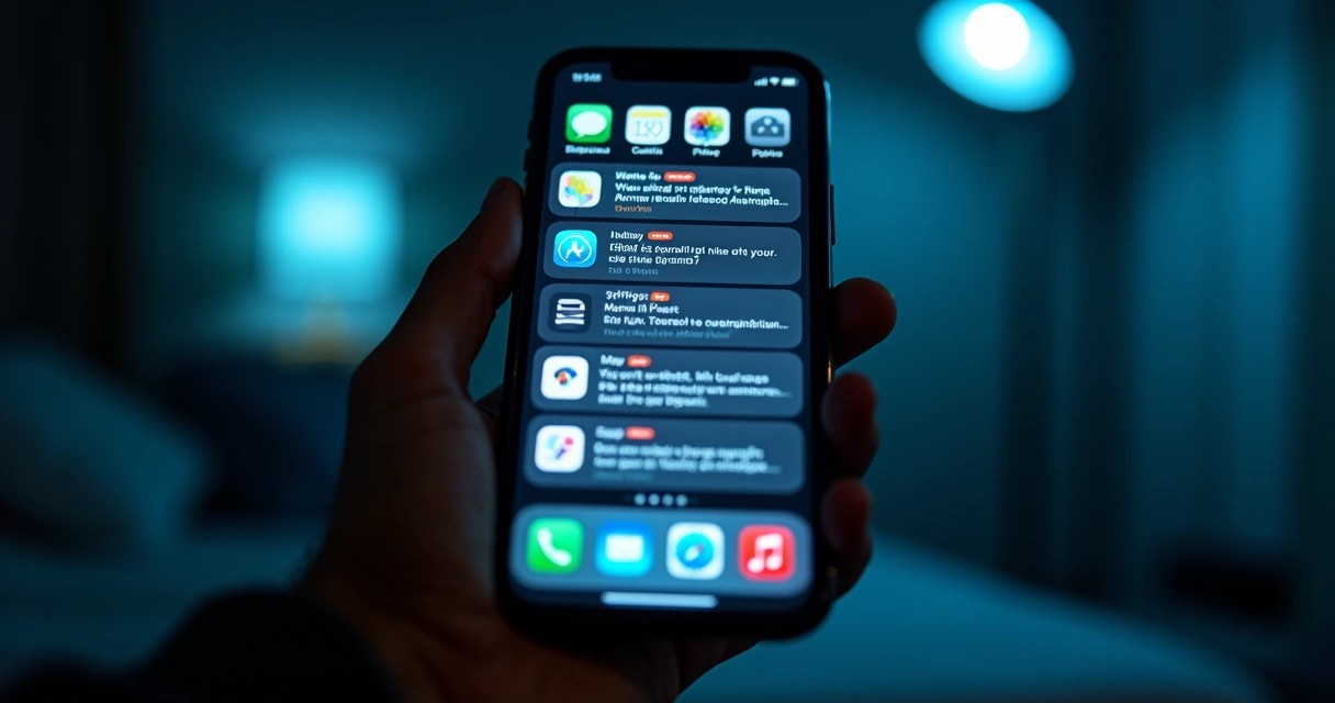 Mano sosteniendo móvil con muchas notificaciones en un entorno nocturno