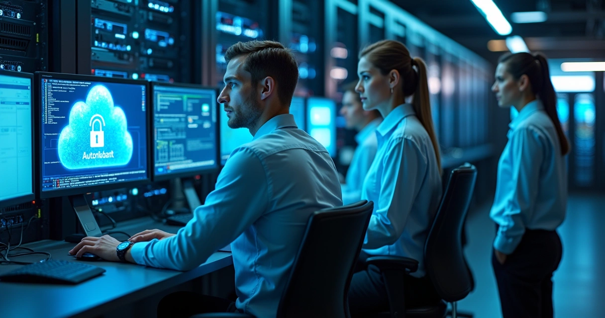 Equipe de TI em sala de servidor, monitorando painel de alertas automatizados 