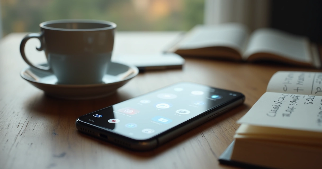 Celular com notificações sobre a mesa ao lado de uma xícara e caderno 