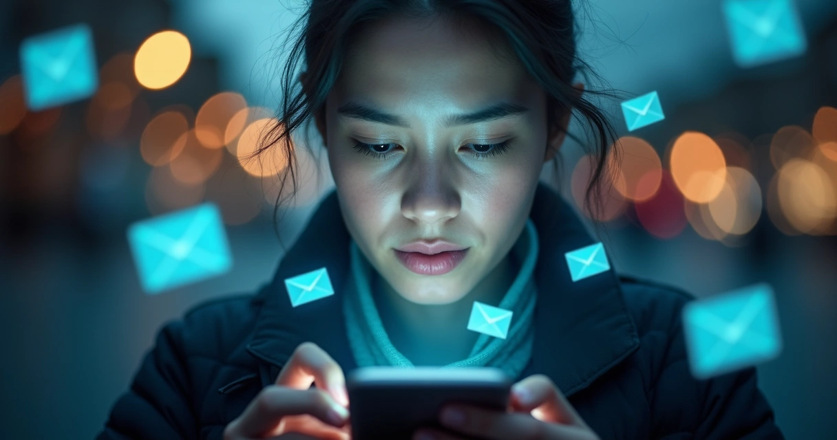 Pessoa segurando smartphone rodeada por notificações digitais flutuantes 