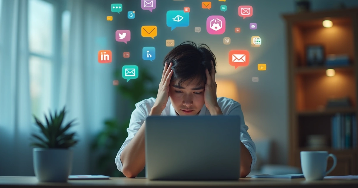 Pessoa cercada por notificações digitais flutuantes