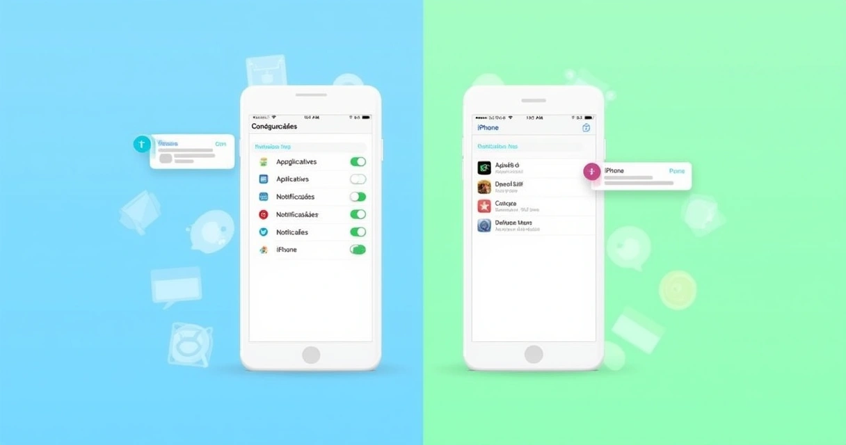 Uma ilustração com um Android e um iPhone mostrando menus de notificações, em cores vibrantes e contrastantes.