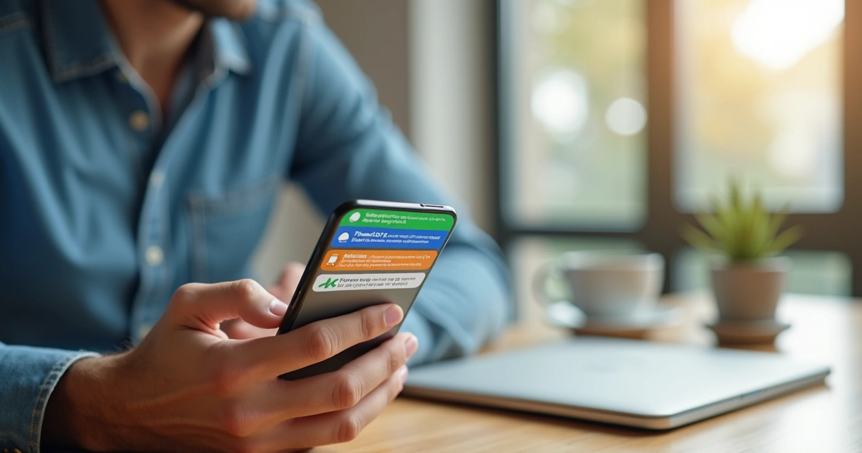 Pessoa segurando smartphone com app bancário exibindo várias notificações push 