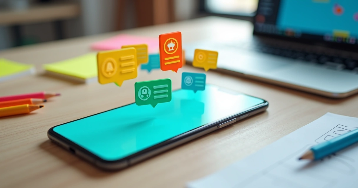 Smartphone com notificações push coloridas voando sobre mesa de criação de app 
