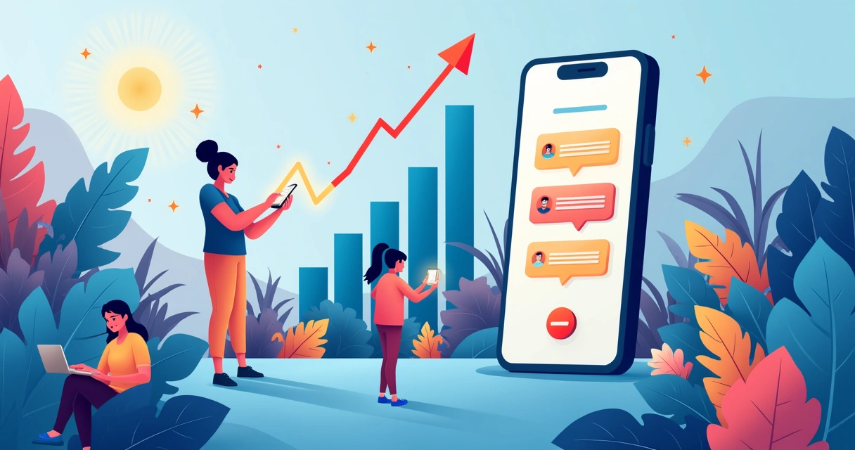 Celular exibindo notificações push personalizadas com gráfico de crescimento ao fundo e interações positivas.