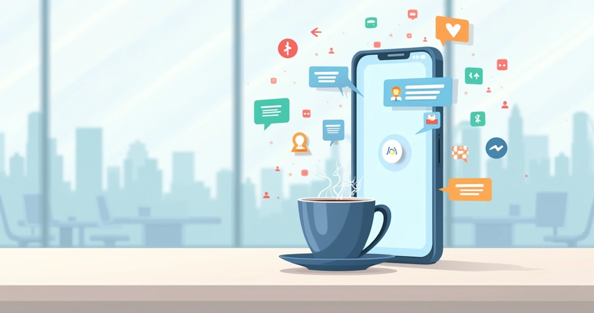 Ilustração de um smartphone exibindo notificações push vibrantes em um ambiente descontraído.