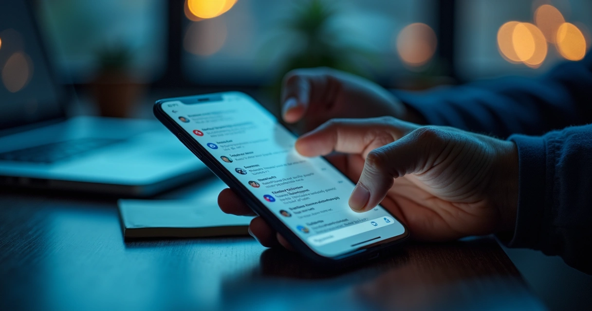 Tela de celular com notificações e mãos tensas 
